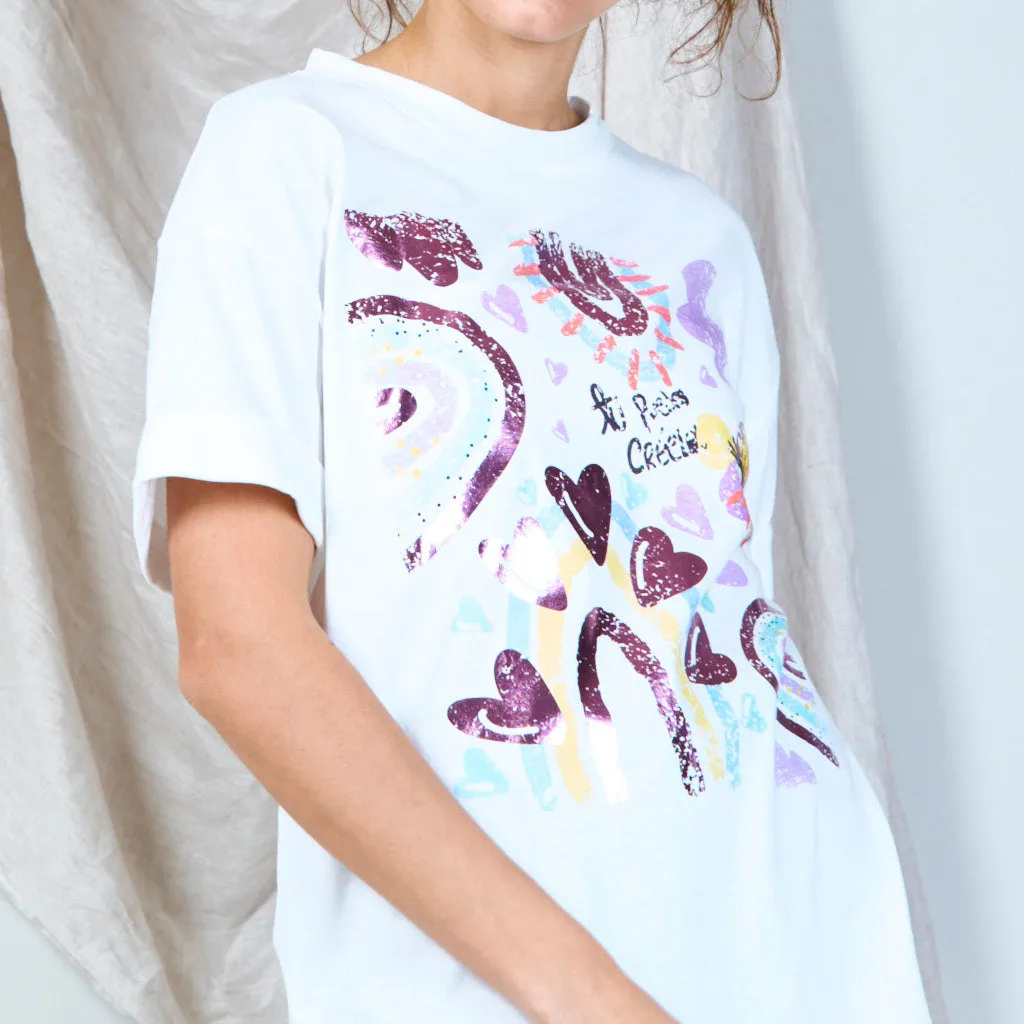 100% Cotton white t-shirt with rainbow print wholesale