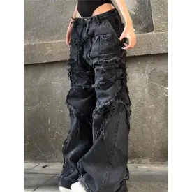 2024 AutumnPunk Sexy Vintage Ripped Harajuku Loose Jeans Y2K Hollow Out Trashy Pants Women's BaggyTassels Denim Trouser