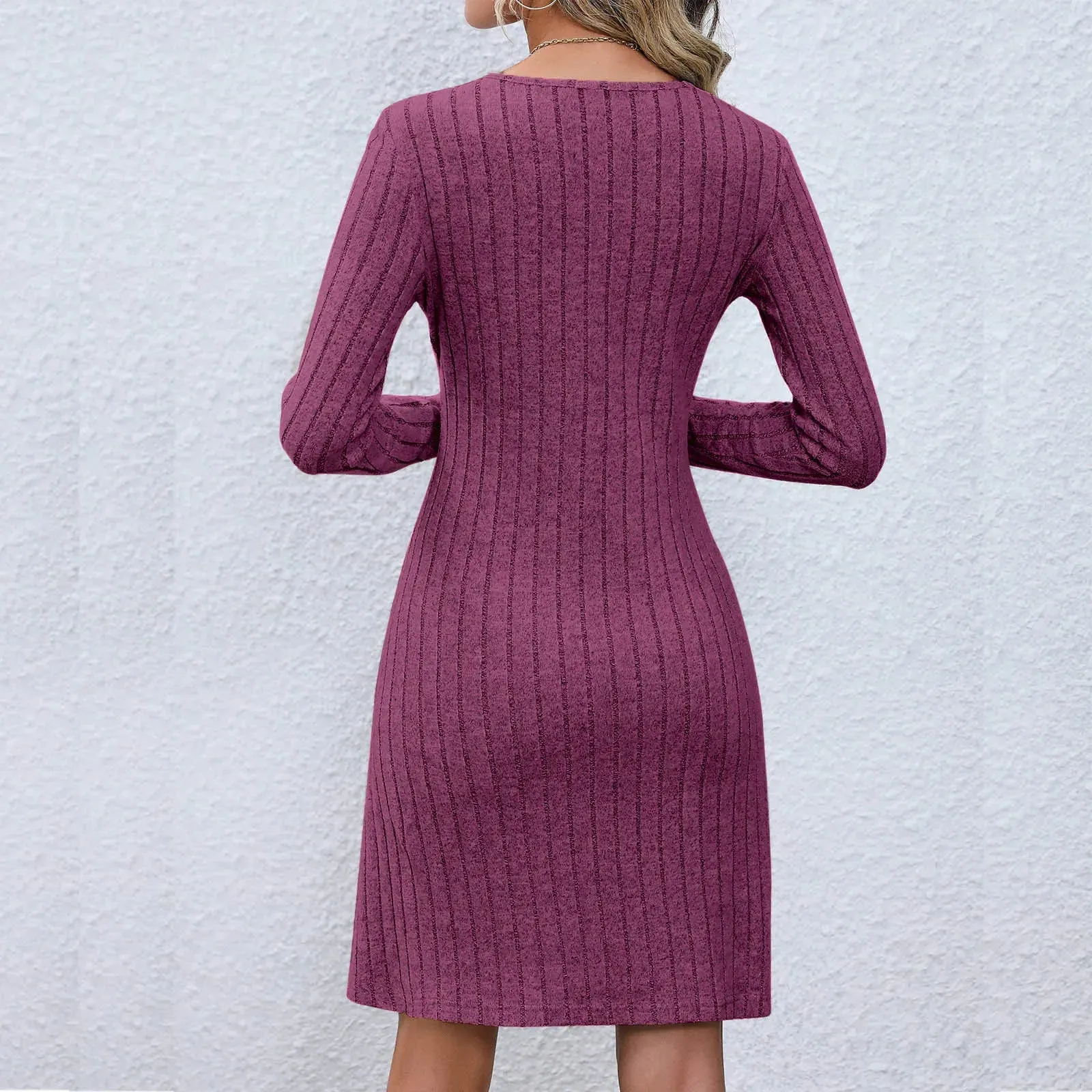 2024 Chic V-Neck Buttoned Waist Long Sleeve Solid Color Midi Dress