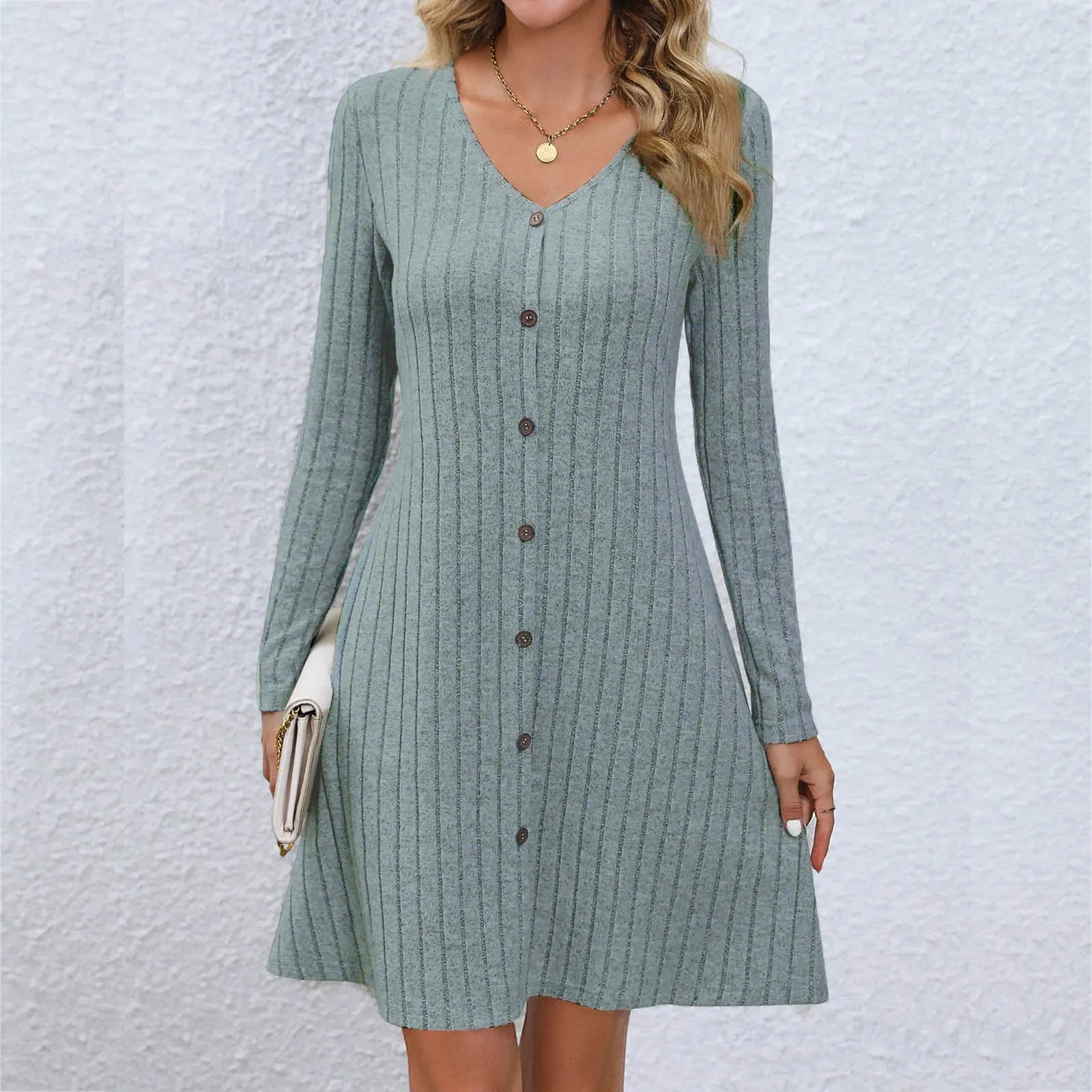 2024 Chic V-Neck Buttoned Waist Long Sleeve Solid Color Midi Dress