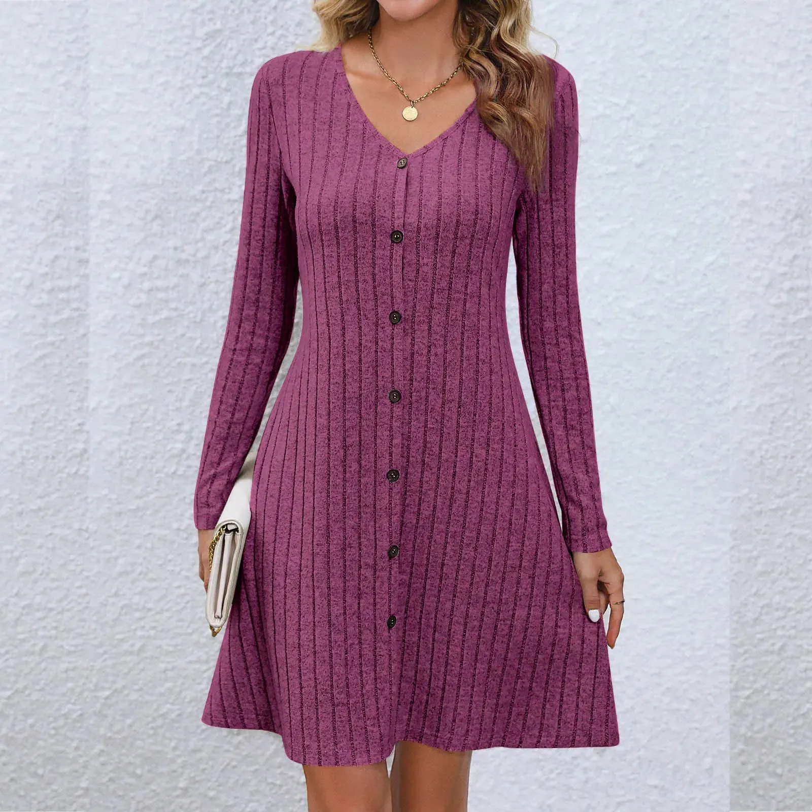 2024 Chic V-Neck Buttoned Waist Long Sleeve Solid Color Midi Dress