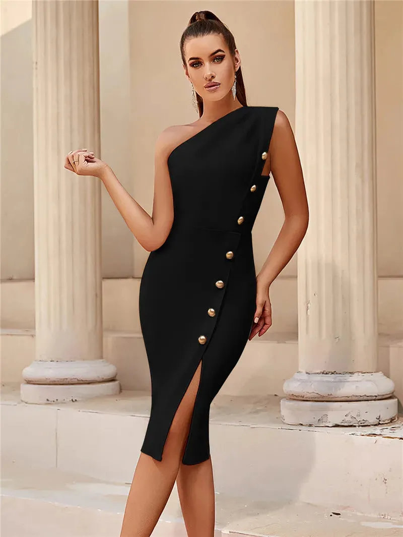 2024 Fashion Diagonal Collar Sleeveless Button Slim Bodycon Dress