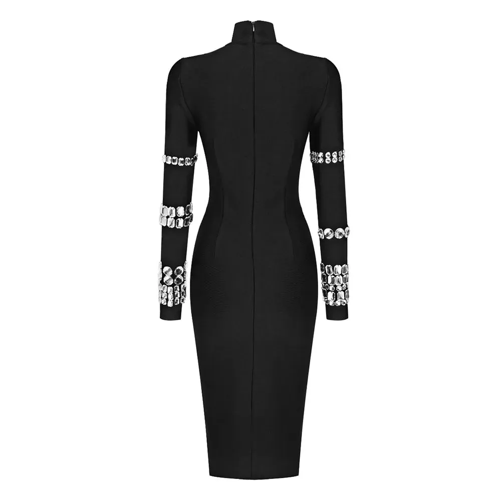 2024 Luxurious Long Sleeve Diamond Black Evening Bodycon Dress