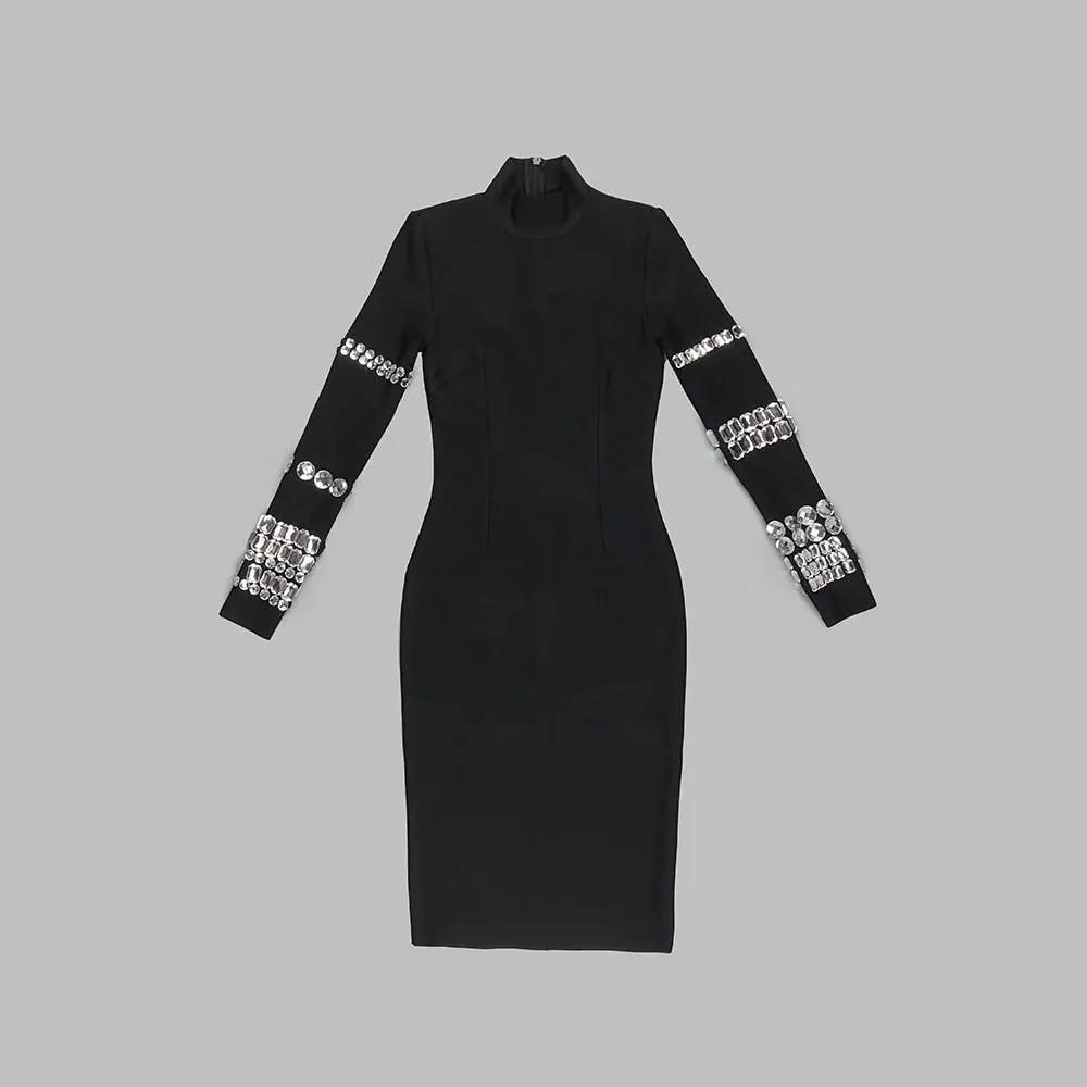 2024 Luxurious Long Sleeve Diamond Black Evening Bodycon Dress