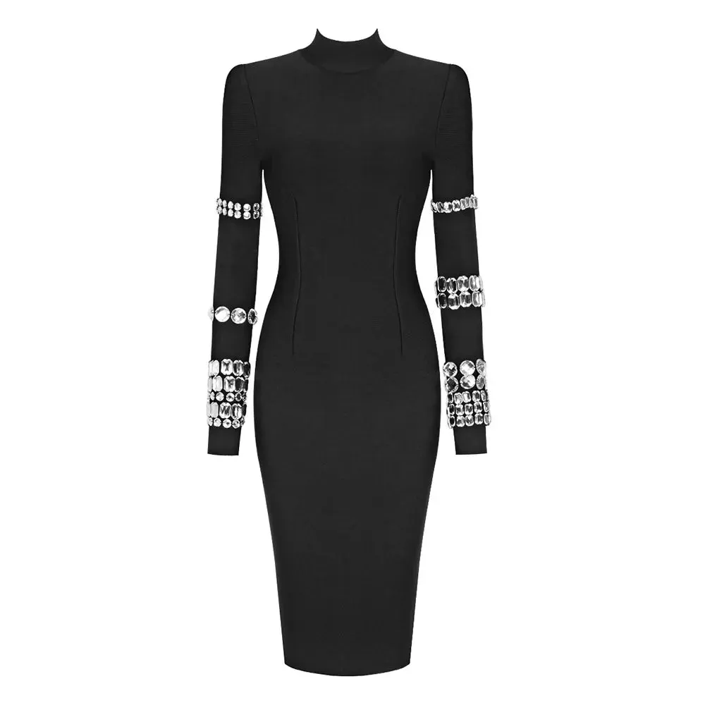 2024 Luxurious Long Sleeve Diamond Black Evening Bodycon Dress