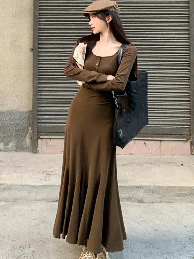 2024 Sexy Solid Long Sleeve U-neck Mermaid Spring Bodycon Dress