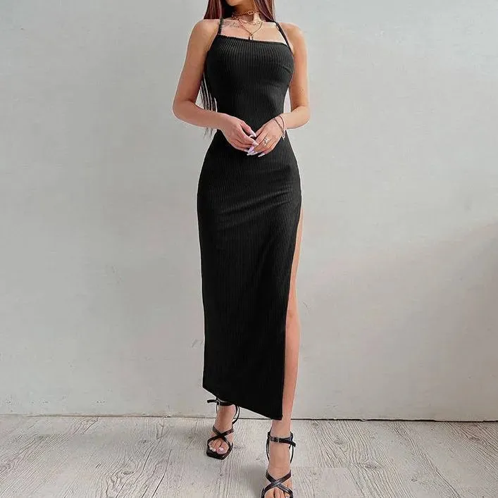 2024 Sleeveless High Split Black Summer Dress Vestidos Cut Out Dresses