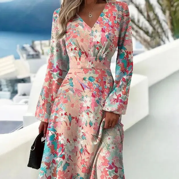 2024 Spring New Slim Fit V-Neck Long Sleeve Floral Dress