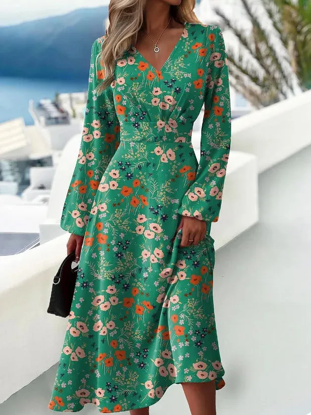 2024 Spring New Slim Fit V-Neck Long Sleeve Floral Dress