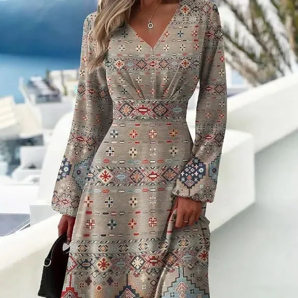 2024 Spring New Slim Fit V-Neck Long Sleeve Floral Dress