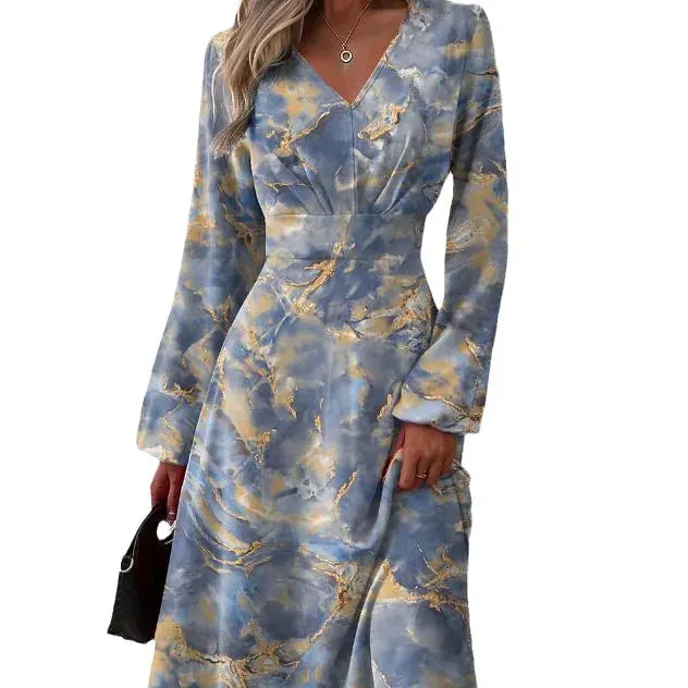 2024 Spring New Slim Fit V-Neck Long Sleeve Floral Dress