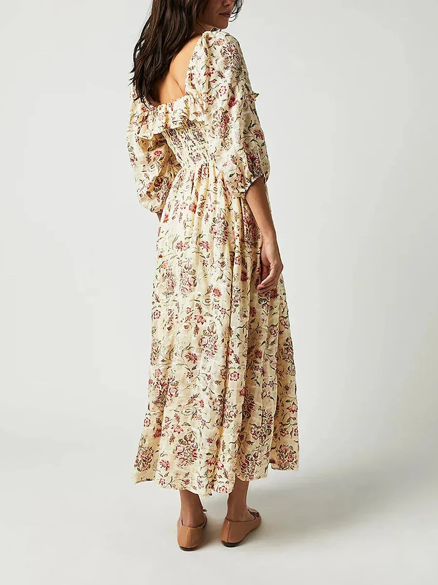 2024 Square Neck A-Line Swing Fall Flowy Flower Tiered Boho Long Dress