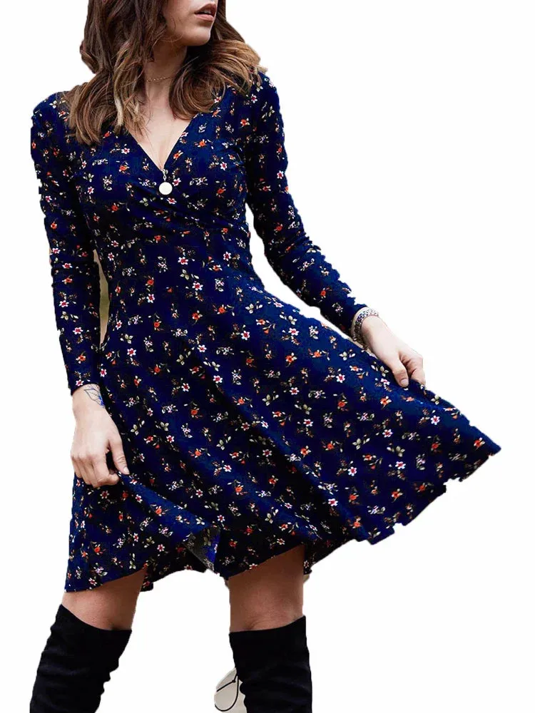 2024 Vintage Floral Printed Green A-line Swing Boho Dress