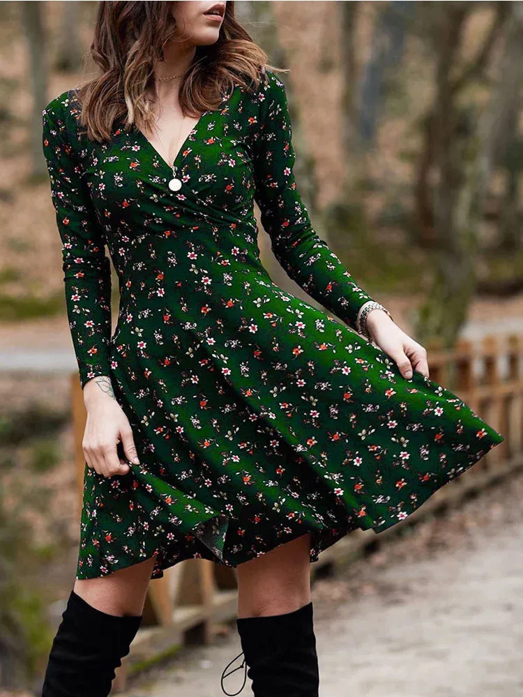 2024 Vintage Floral Printed Green A-line Swing Boho Dress