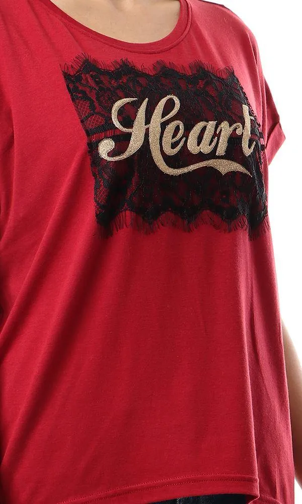 57191 Golden Glittery Heart Burgundy Tee