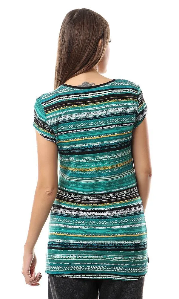 57203 Casual Comfy V-Neck Patterned Green Top