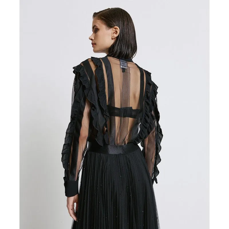 Access Fashion Black Top With Front Ruffle