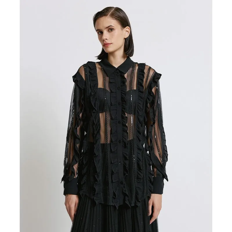 Access Fashion Black Top With Front Ruffle