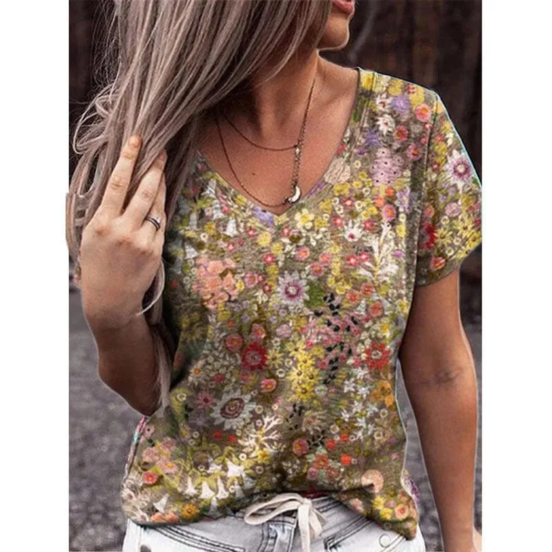 Autumn Flower V-neck Blouse