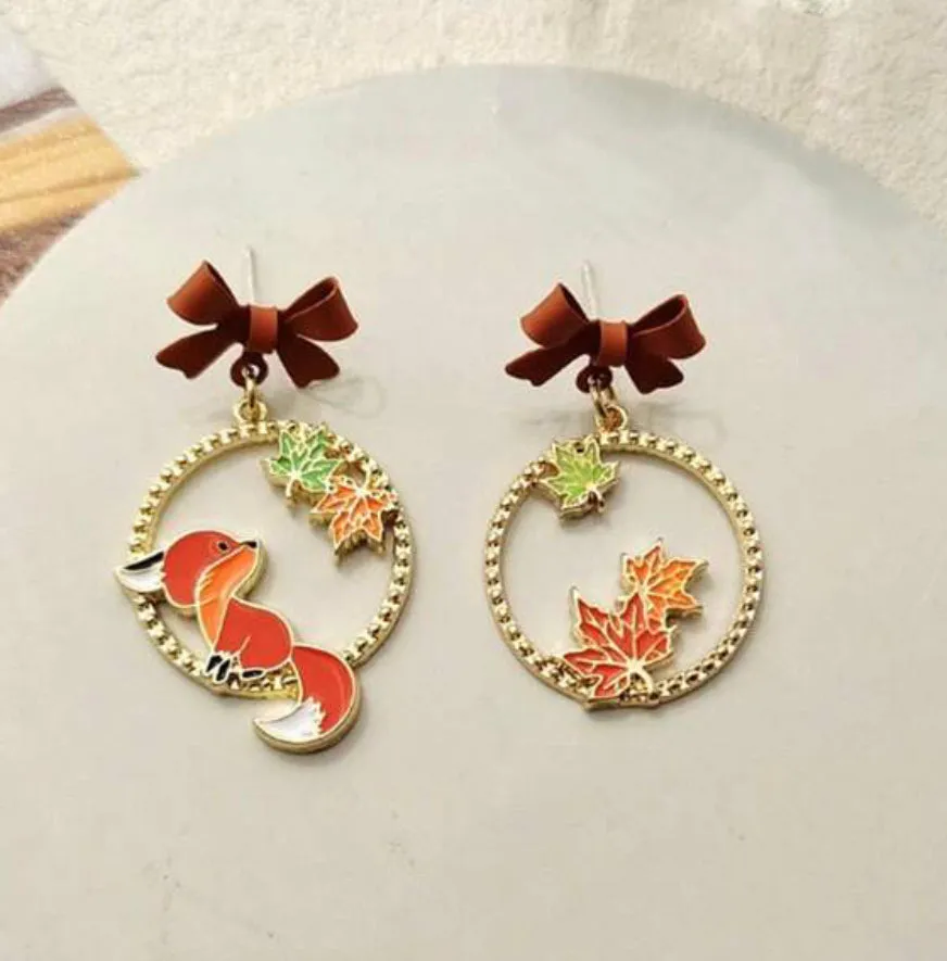 Autumn Maple Leaf and Fox Earrings