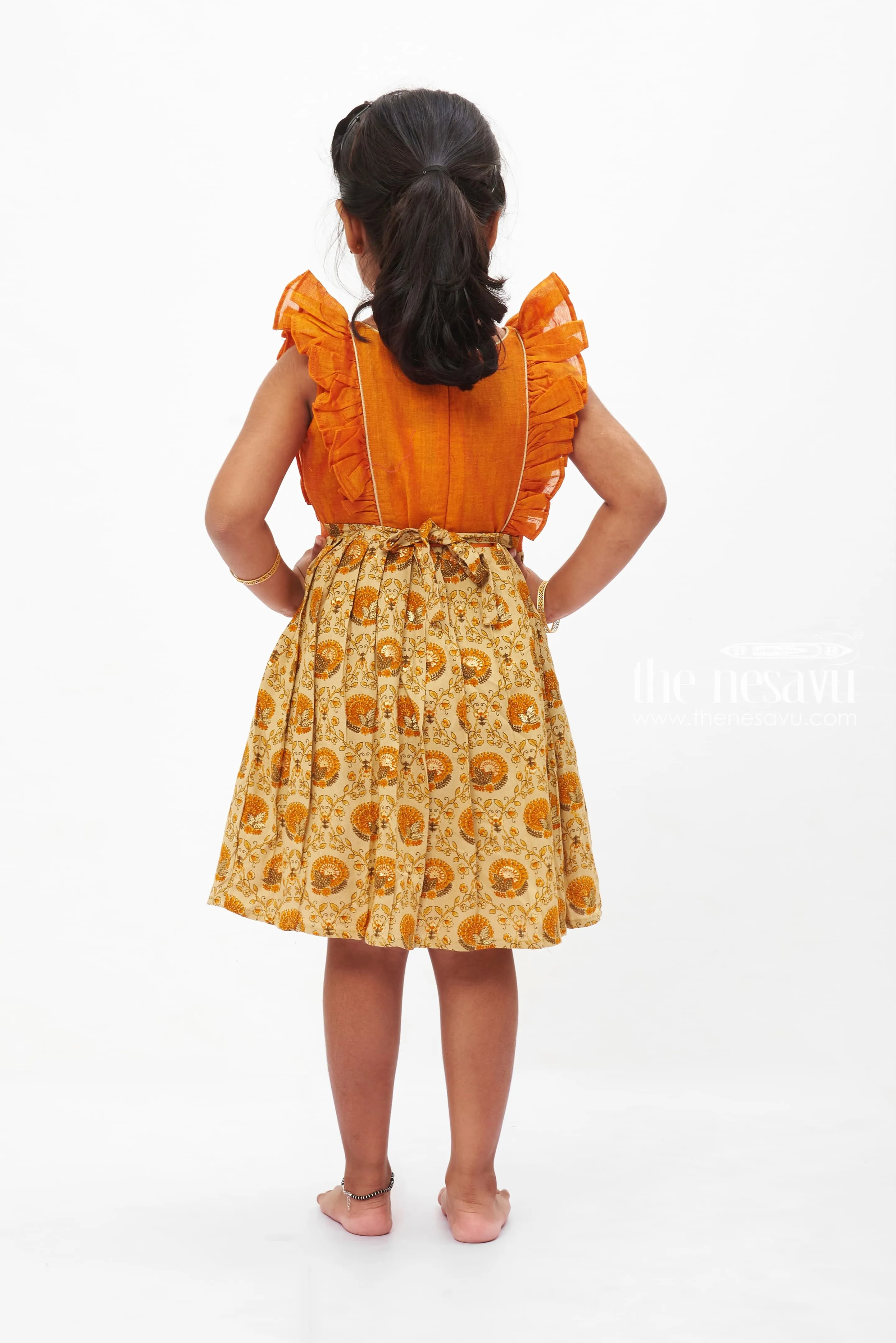 Autumn Orange Pleated Frock with Beige Paisley Print for Girls