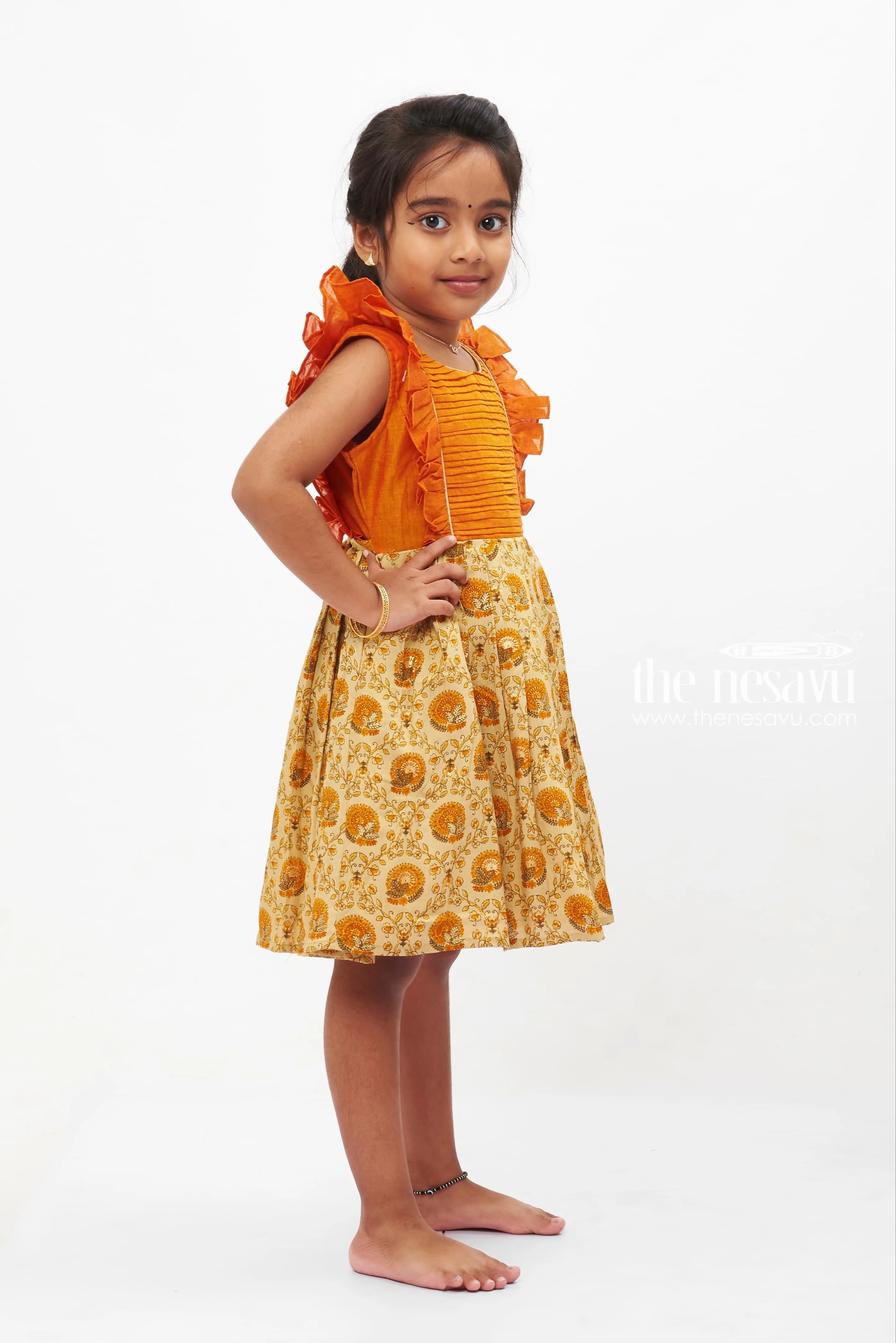 Autumn Orange Pleated Frock with Beige Paisley Print for Girls