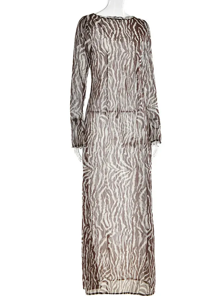 Autumn Sexy Long Sleeve Zebra Print Bodycon Maxi Dress