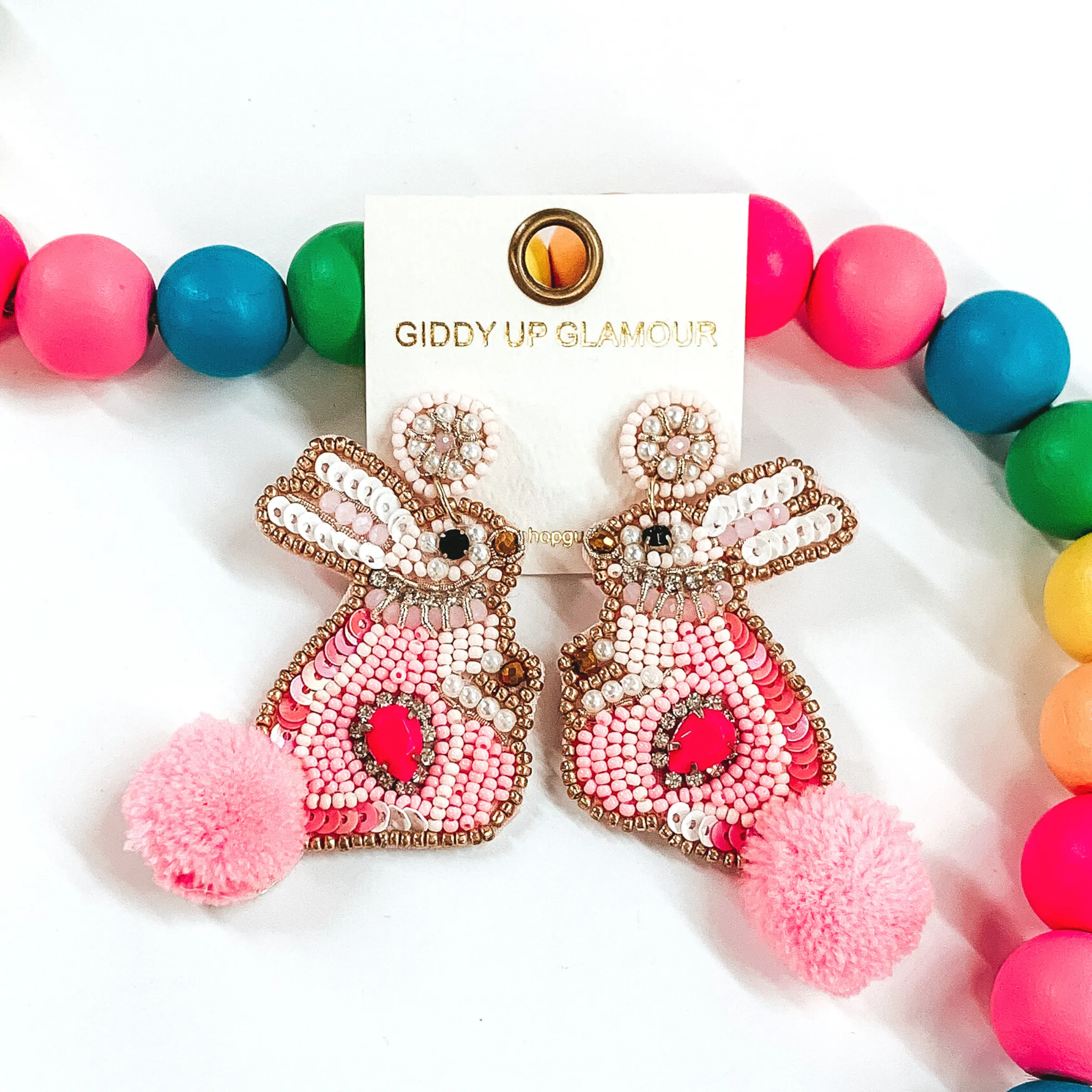 Beaded Bunny Rabbit Earrings in Pink