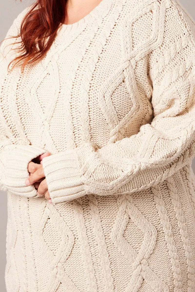 Beige Cable Knit Jumper Round Neck Long Sleeve