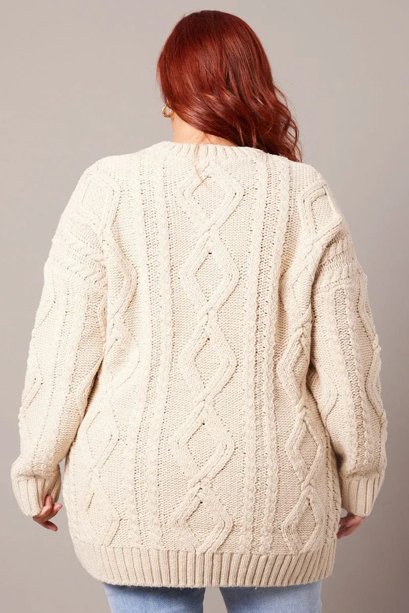 Beige Cable Knit Jumper Round Neck Long Sleeve