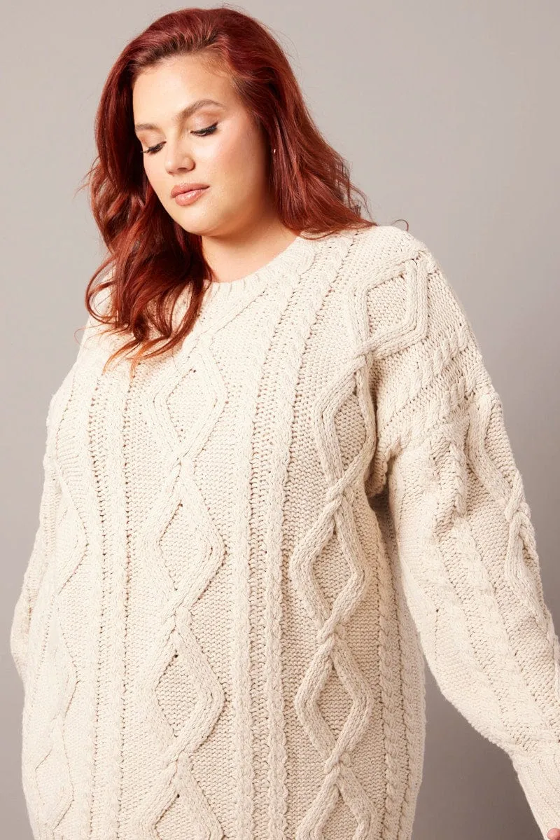 Beige Cable Knit Jumper Round Neck Long Sleeve