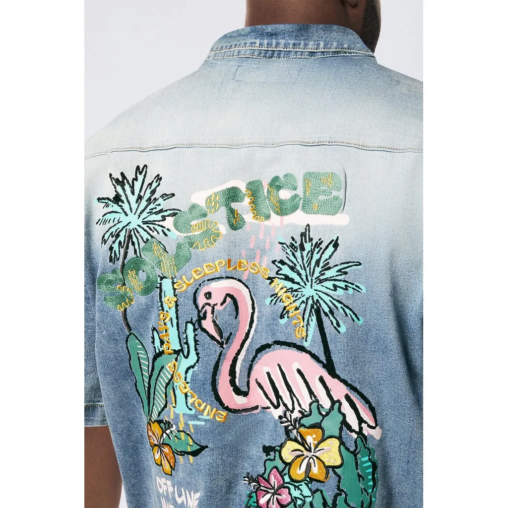 Big and Tall - Tropical Doodle Denim Shirt - Malibu Blue