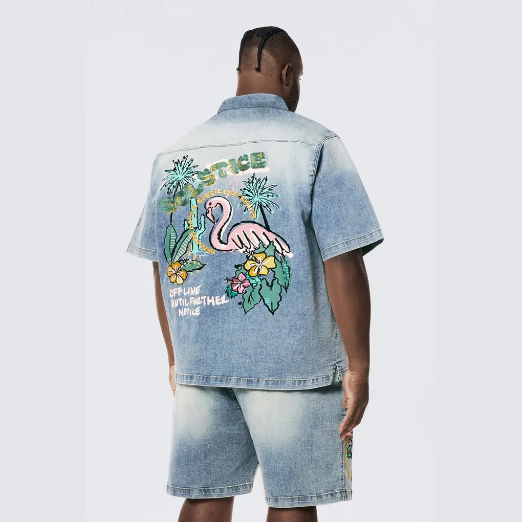 Big and Tall - Tropical Doodle Denim Shirt - Malibu Blue