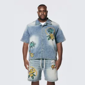 Big and Tall - Tropical Doodle Denim Shirt - Malibu Blue