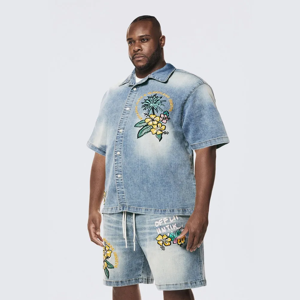 Big and Tall - Tropical Doodle Denim Shirt - Malibu Blue