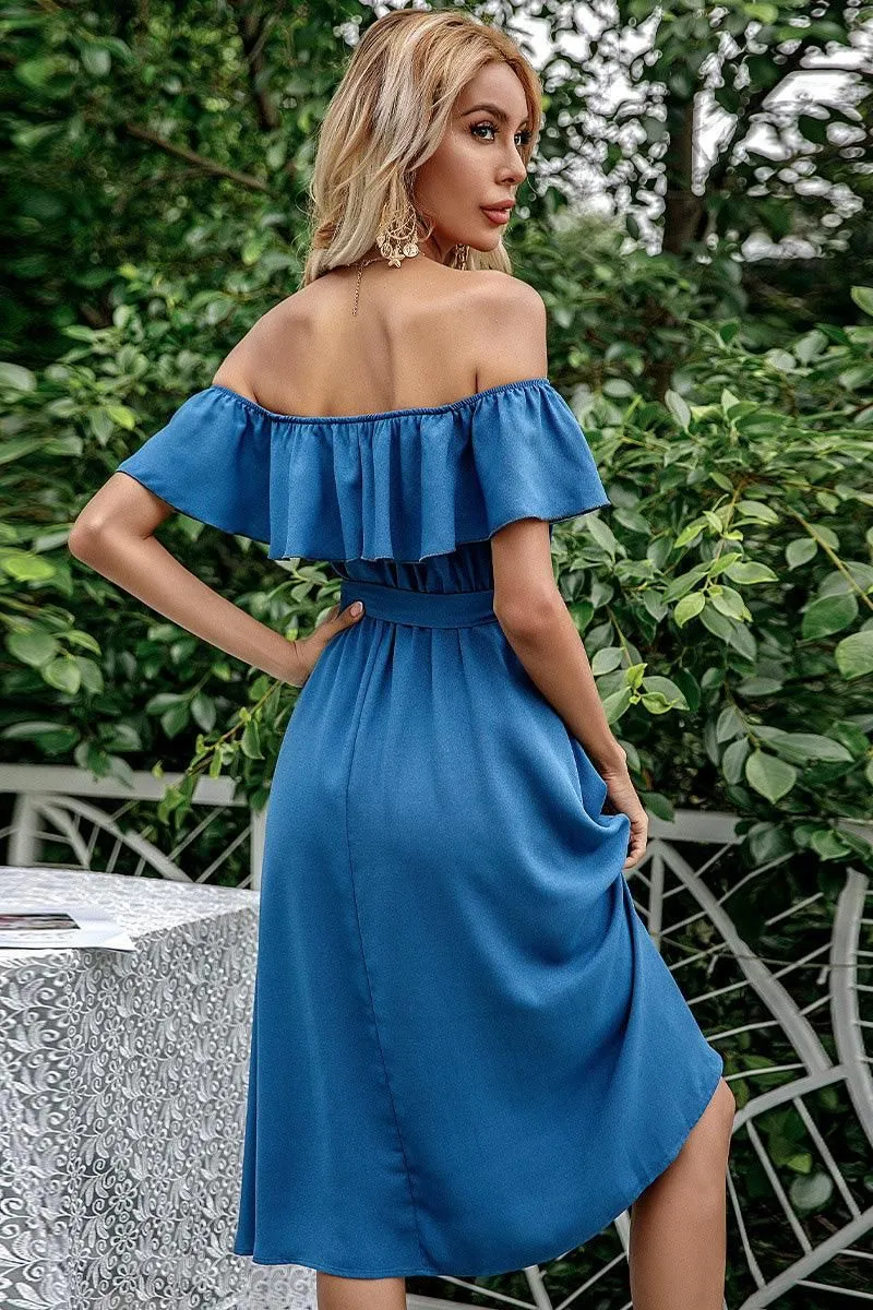 BIG RUFFLE LACE OFF SHOULDER TIED WAIST DRESS