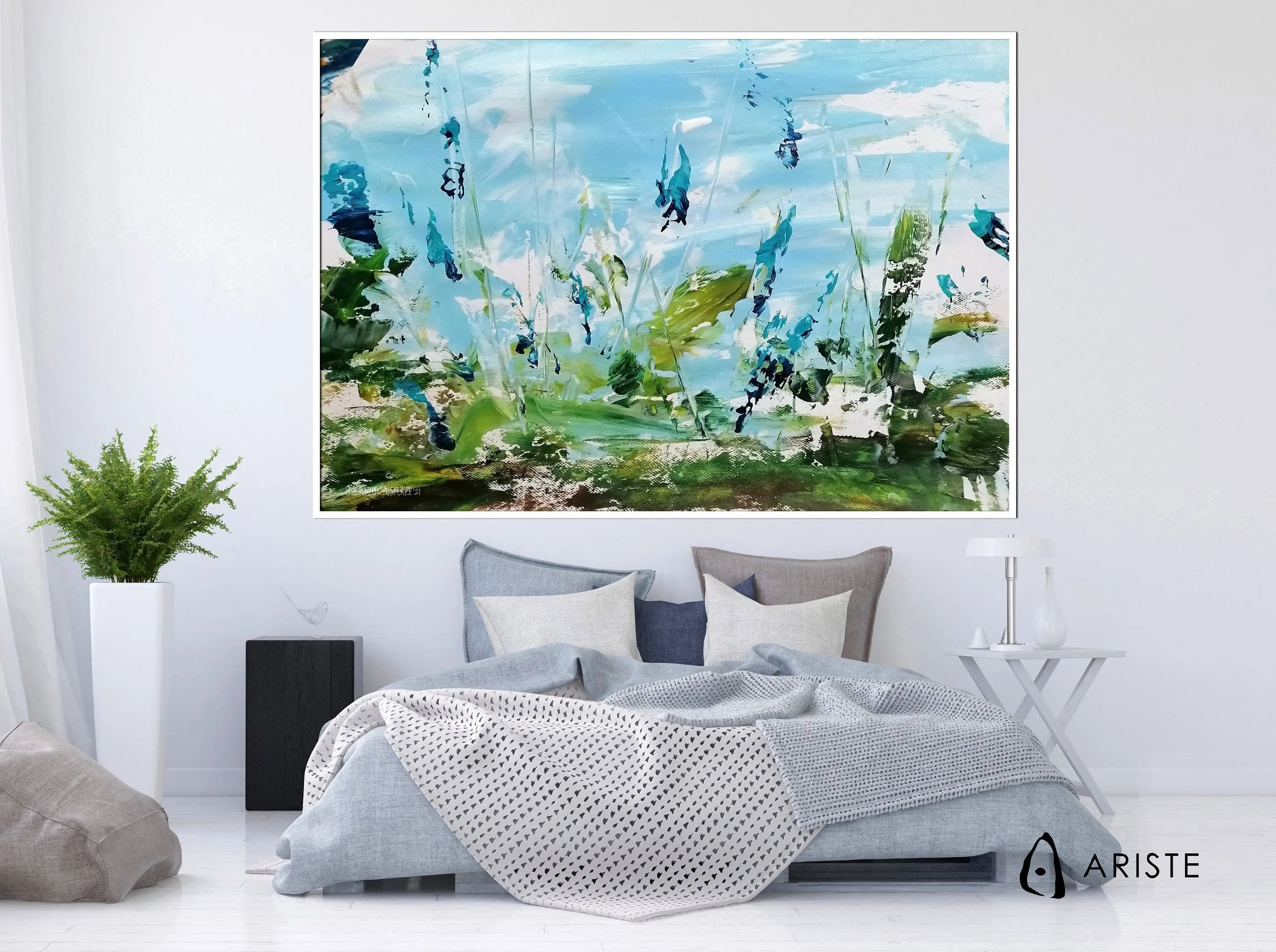 Blue & green large abstract floral painting made to order in a custom size