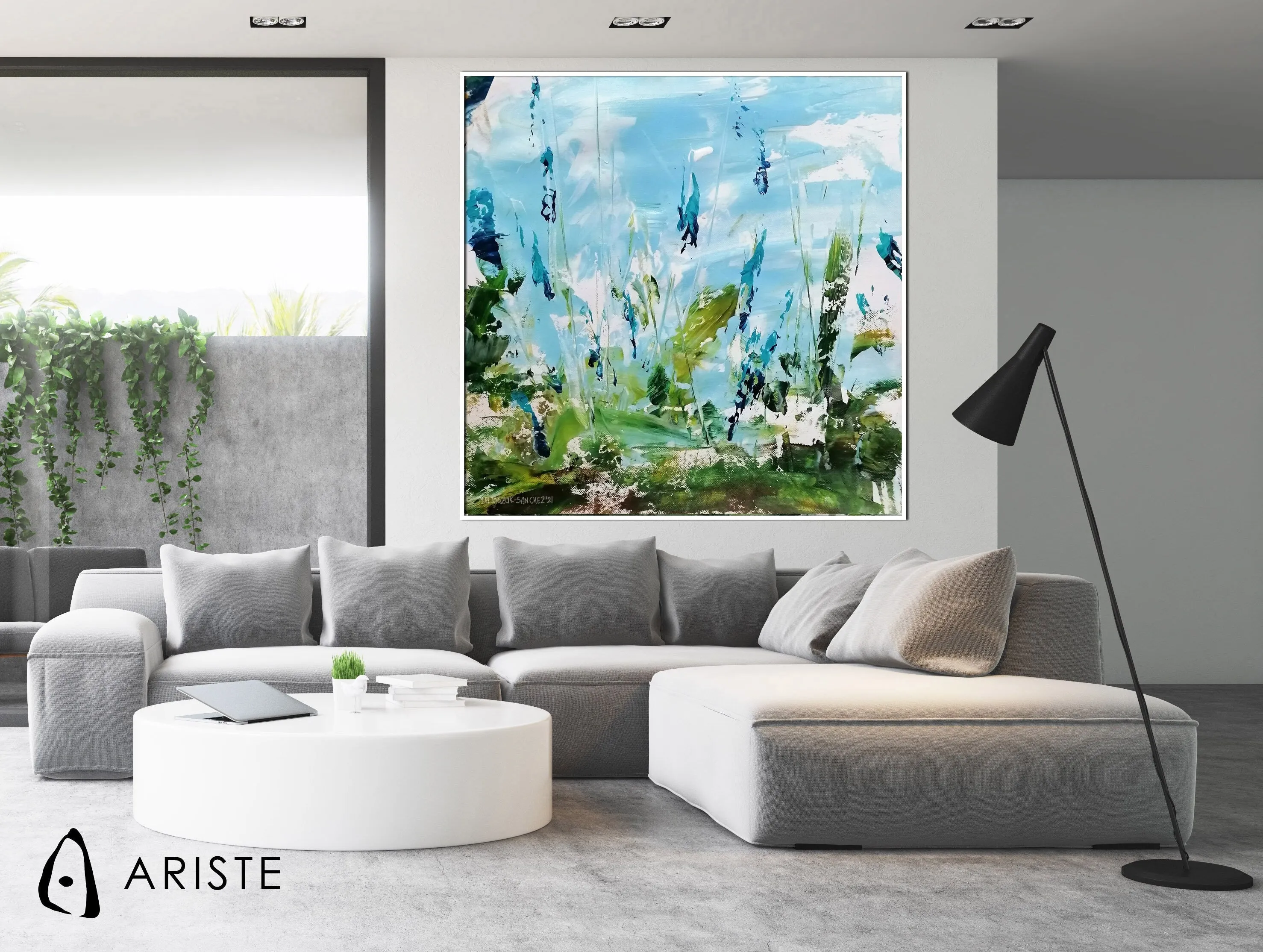 Blue & green large abstract floral painting made to order in a custom size