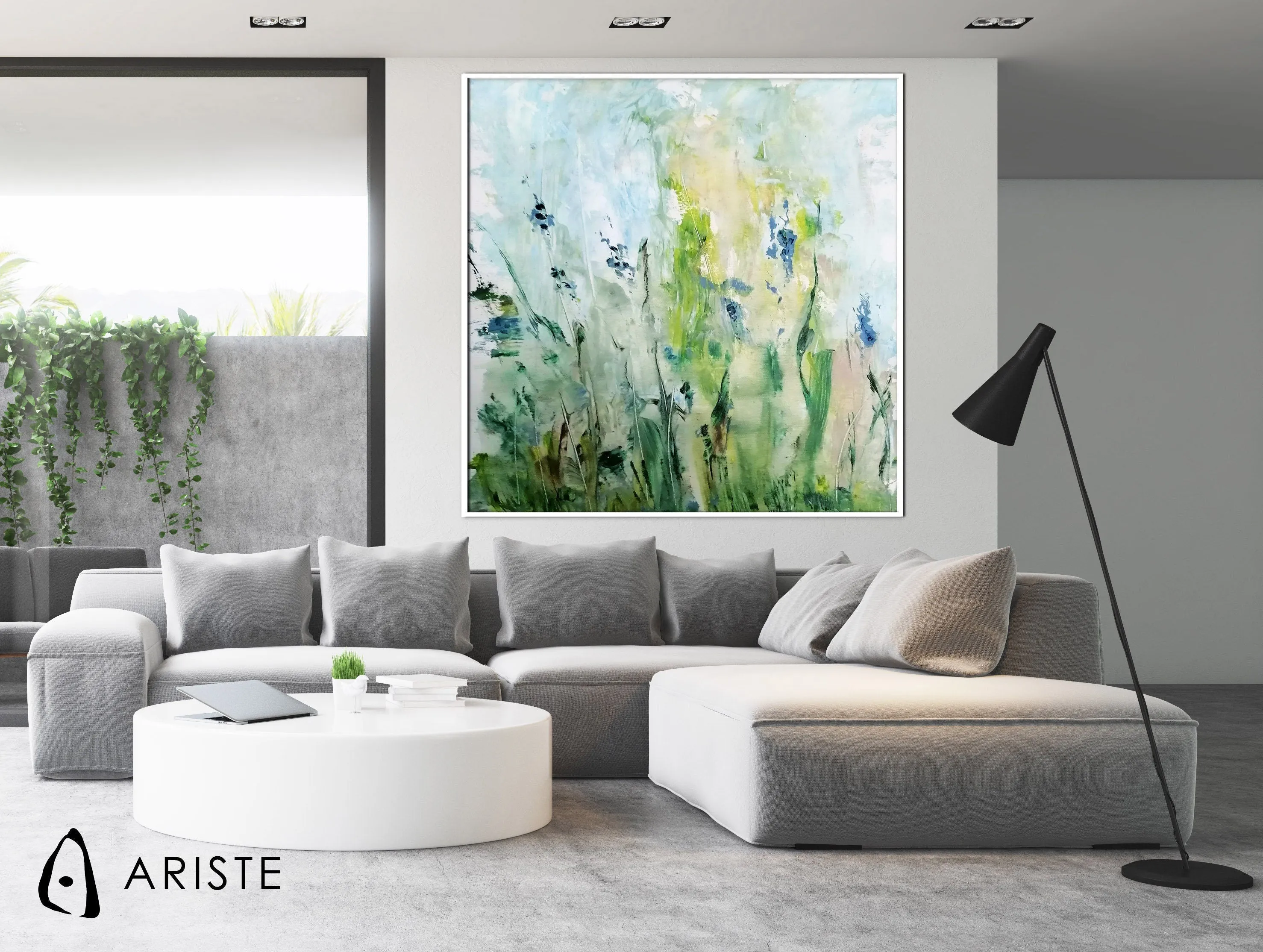 Blue & green large abstract floral painting made to order in a custom size