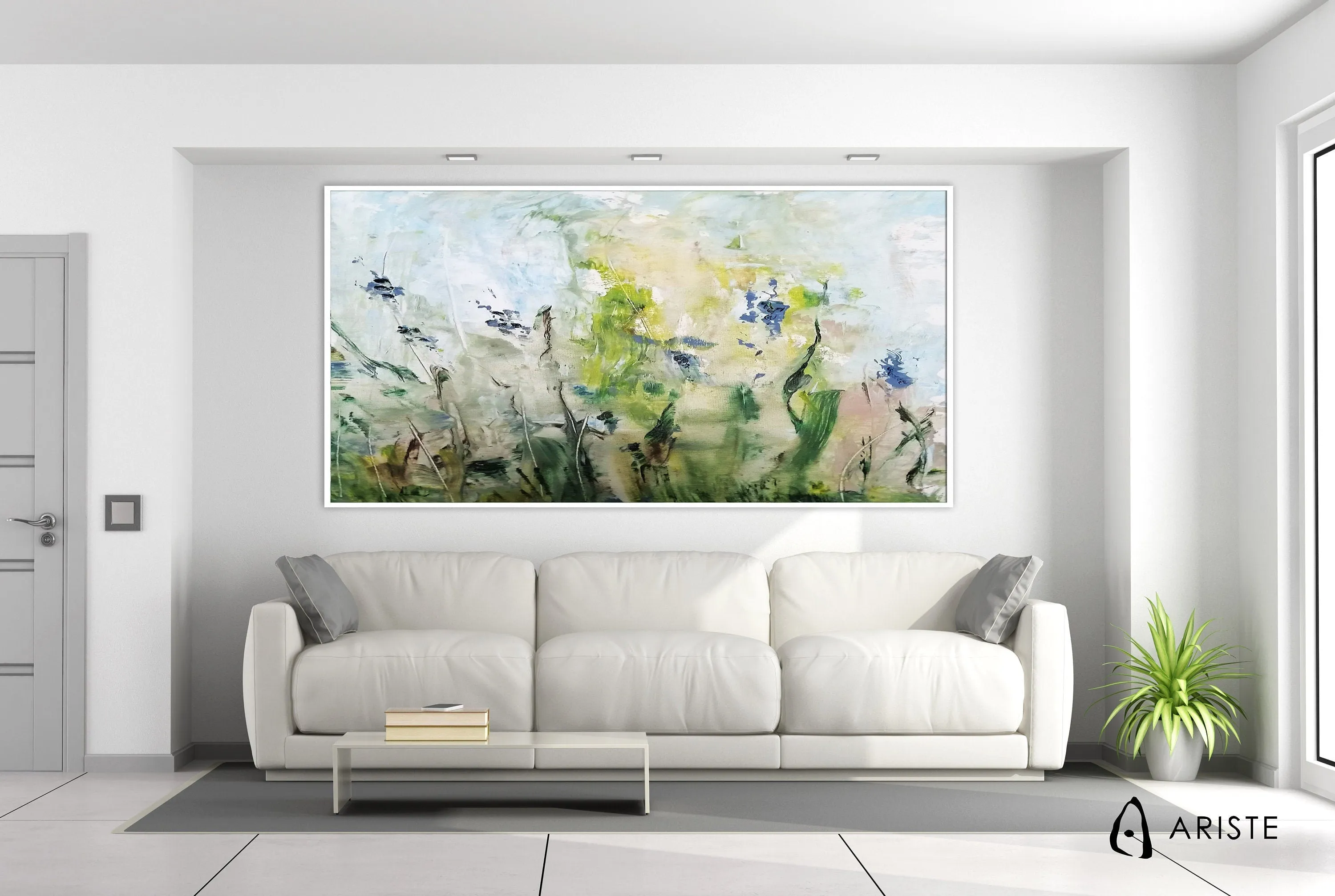 Blue & green large abstract floral painting made to order in a custom size