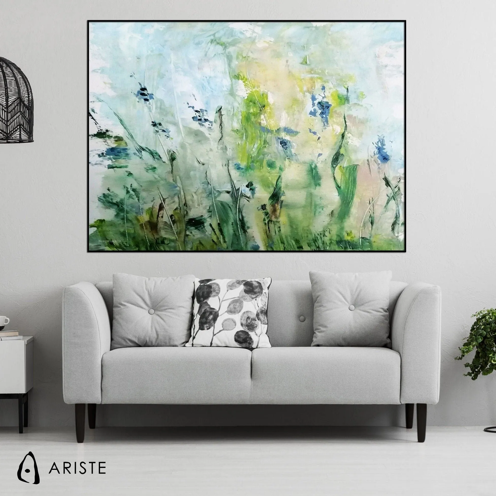 Blue & green large abstract floral painting made to order in a custom size