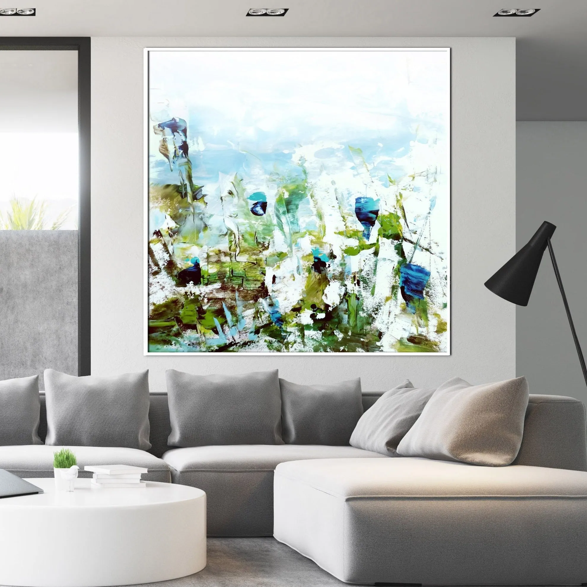 Blue & green large abstract floral paintings made to order in a custom size