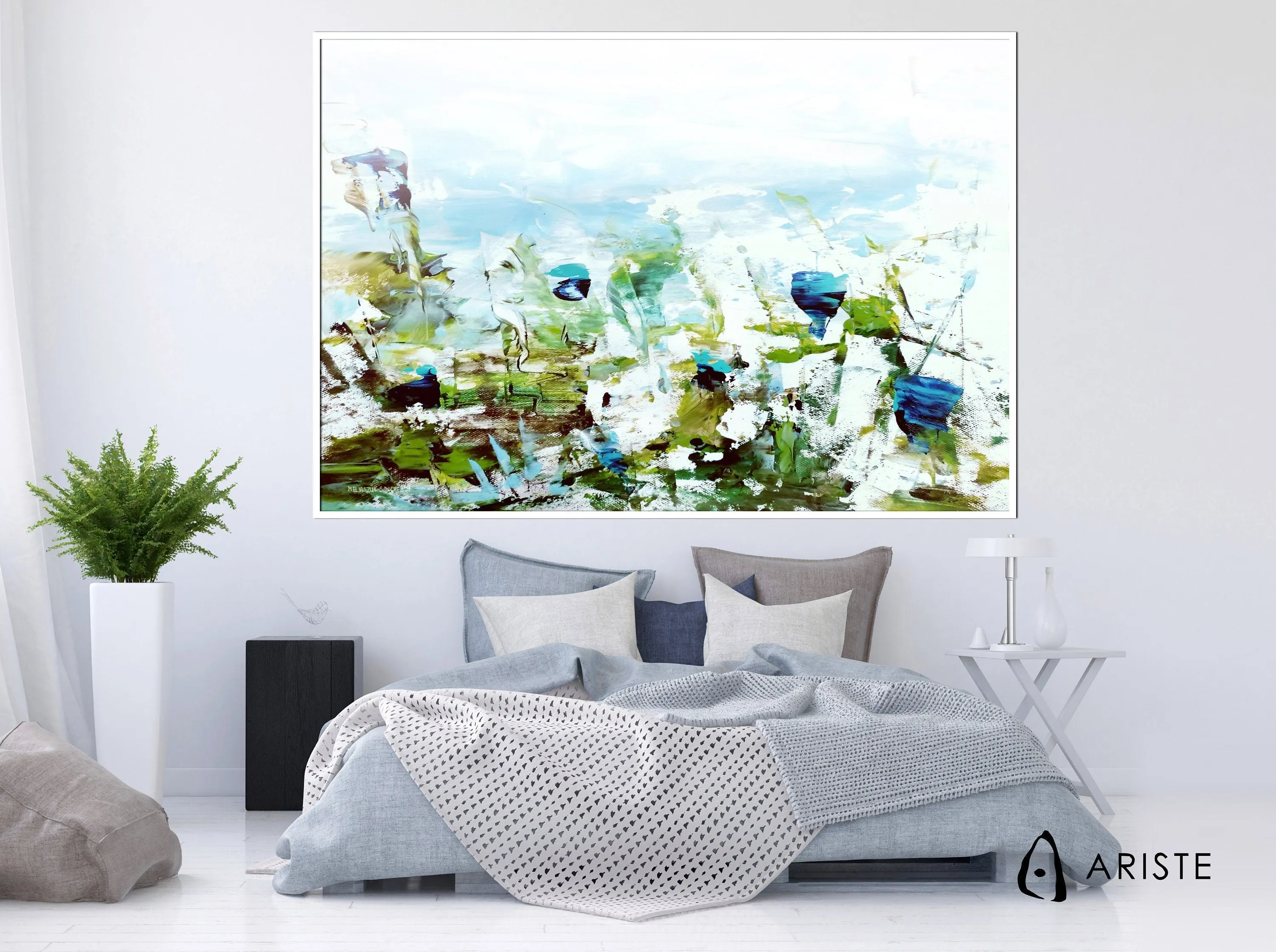 Blue & green large abstract floral paintings made to order in a custom size