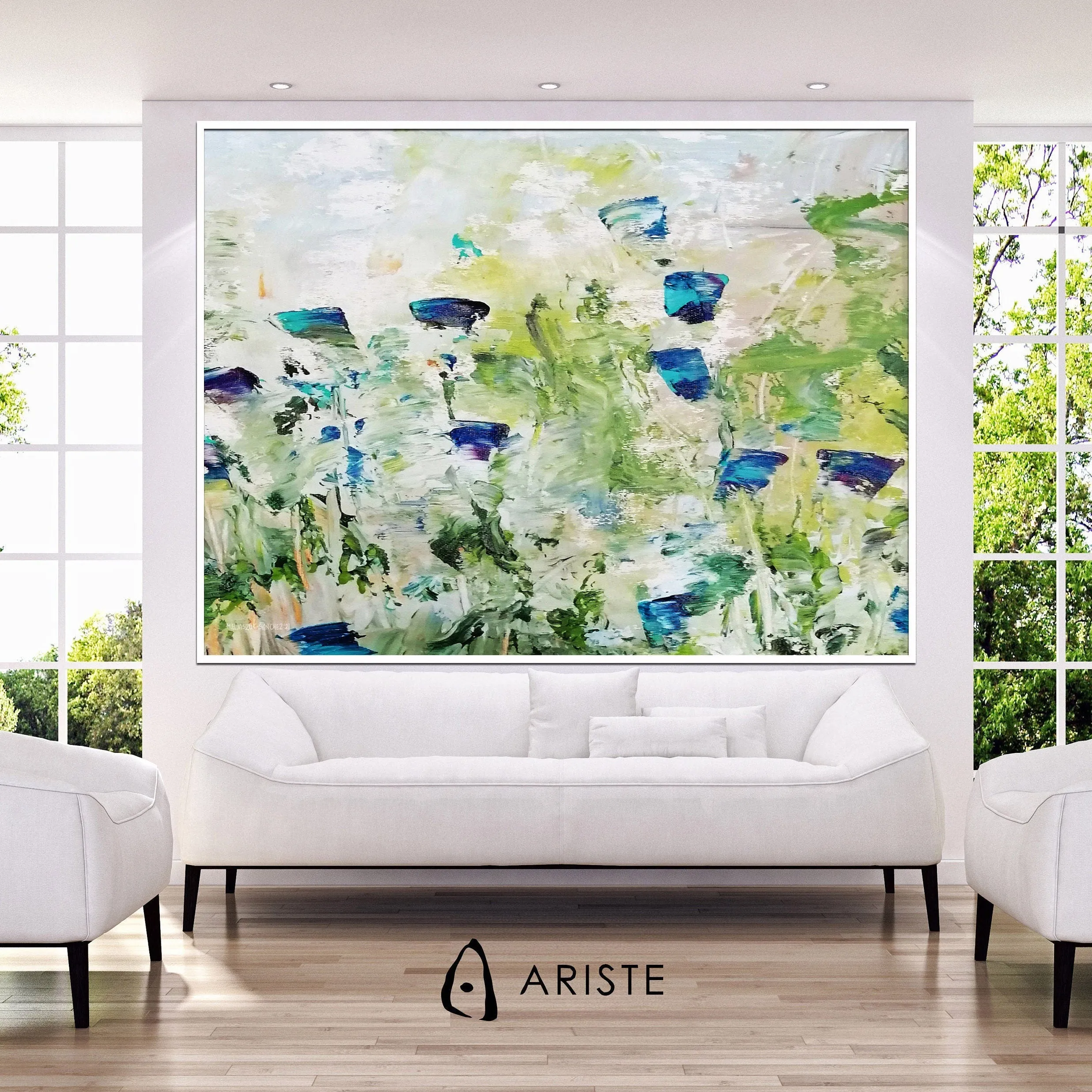 Blue & green large abstract flower paintings made to order in a custom size