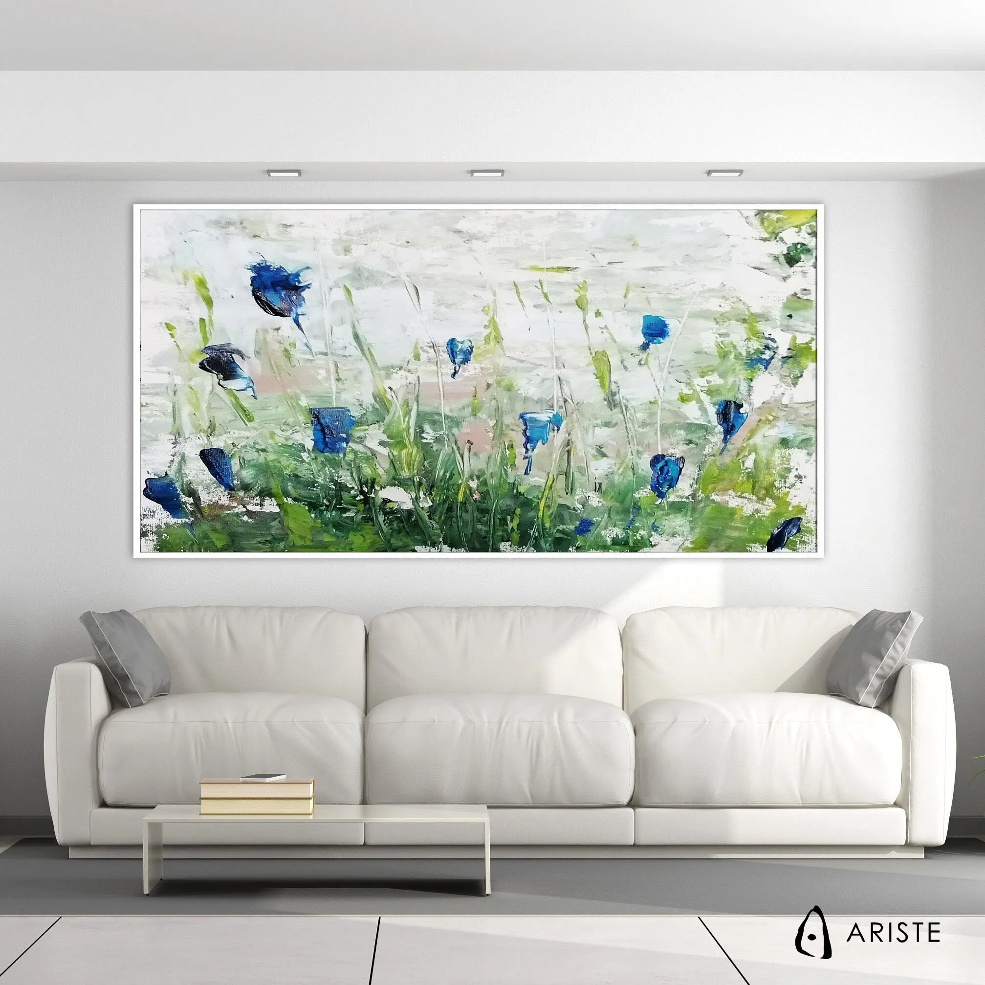 Blue & green large abstract flower paintings made to order in a custom size