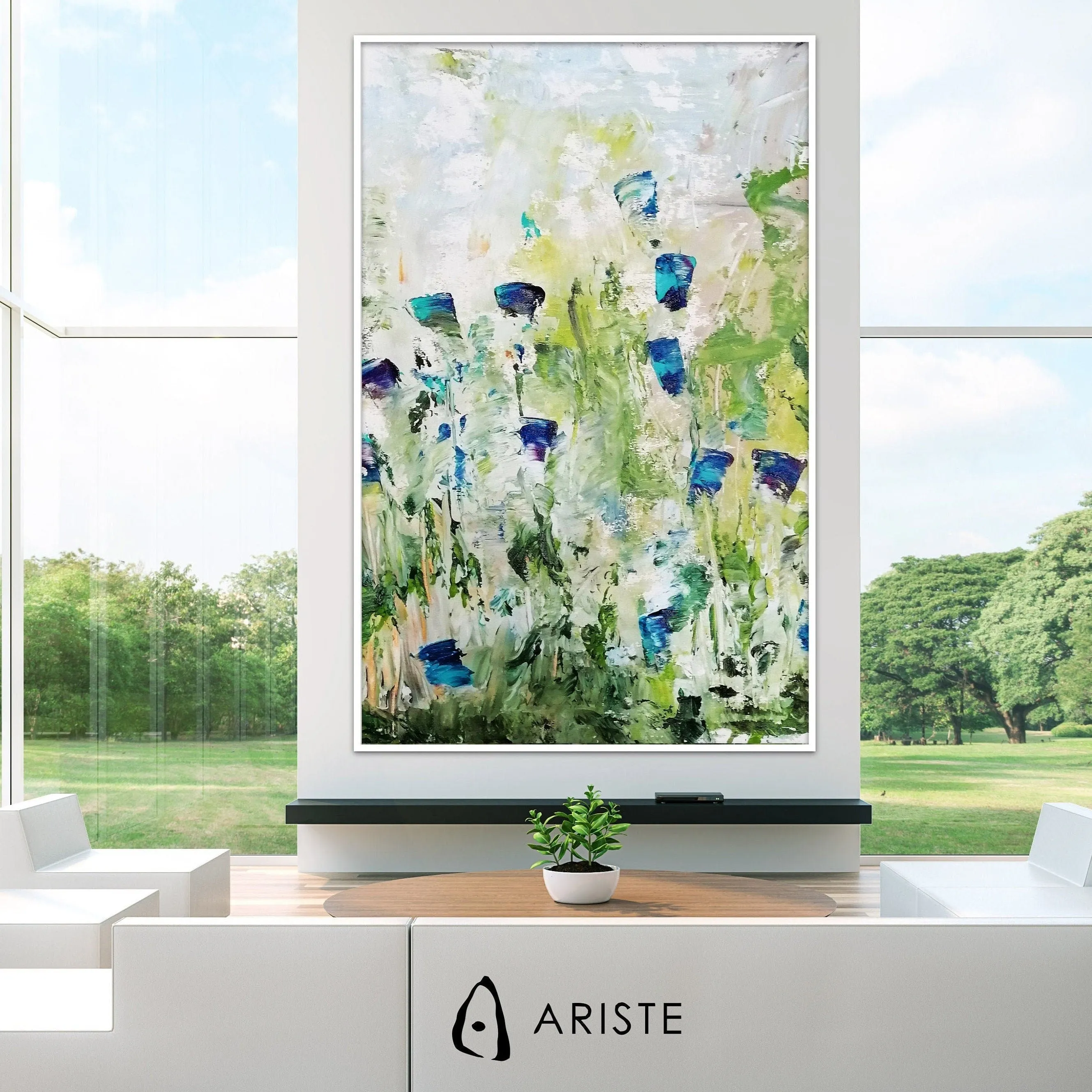 Blue & green large abstract flower paintings made to order in a custom size