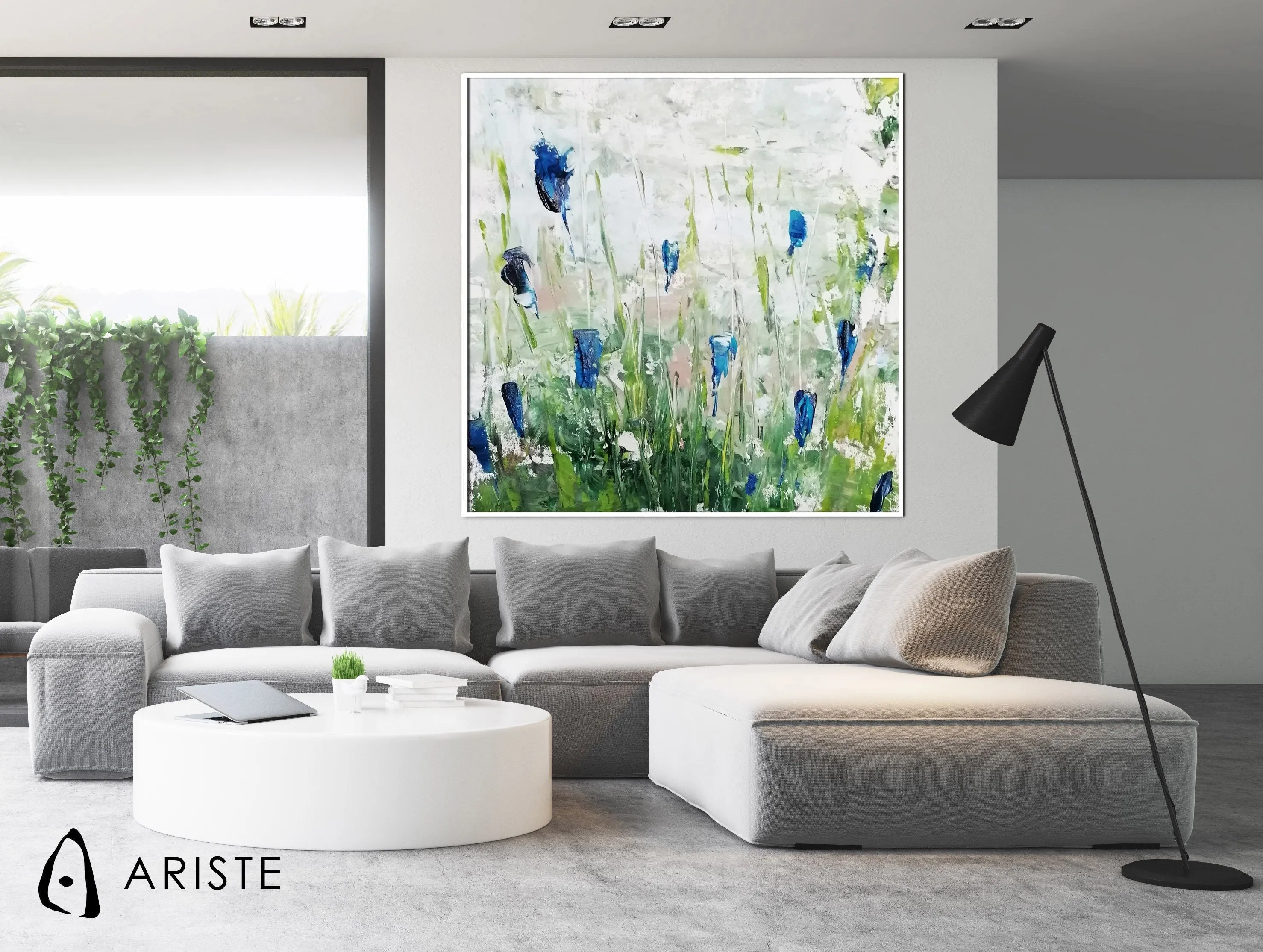 Blue & green large abstract flower paintings made to order in a custom size