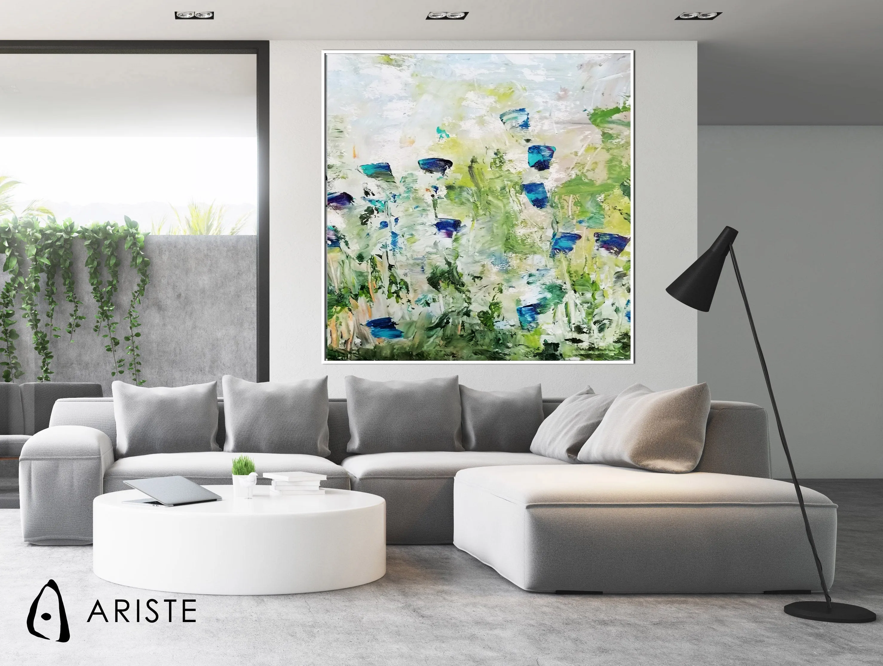 Blue & green large abstract flower paintings made to order in a custom size