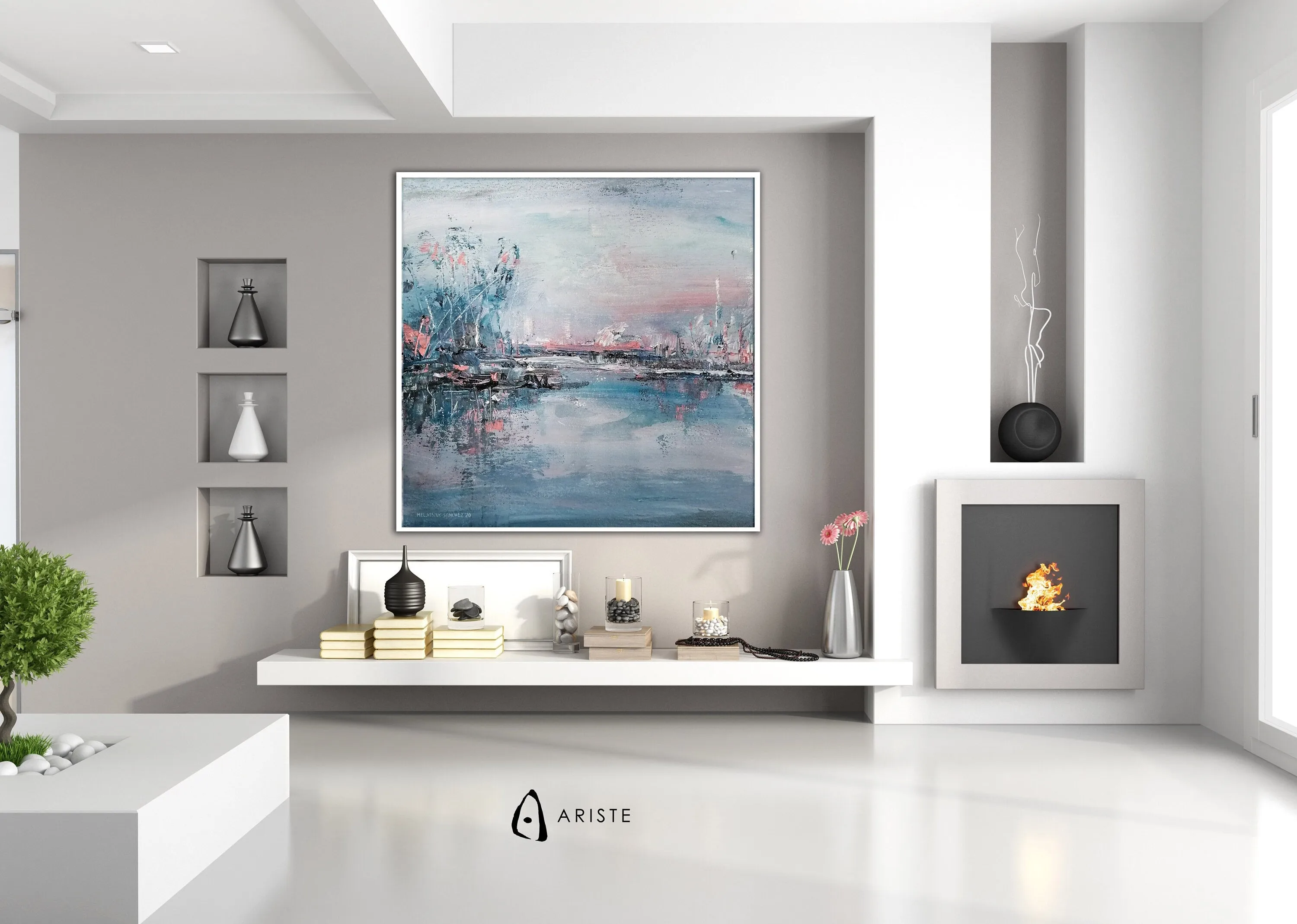 Blue & pink oversized abstract landscape made to order in a custom size