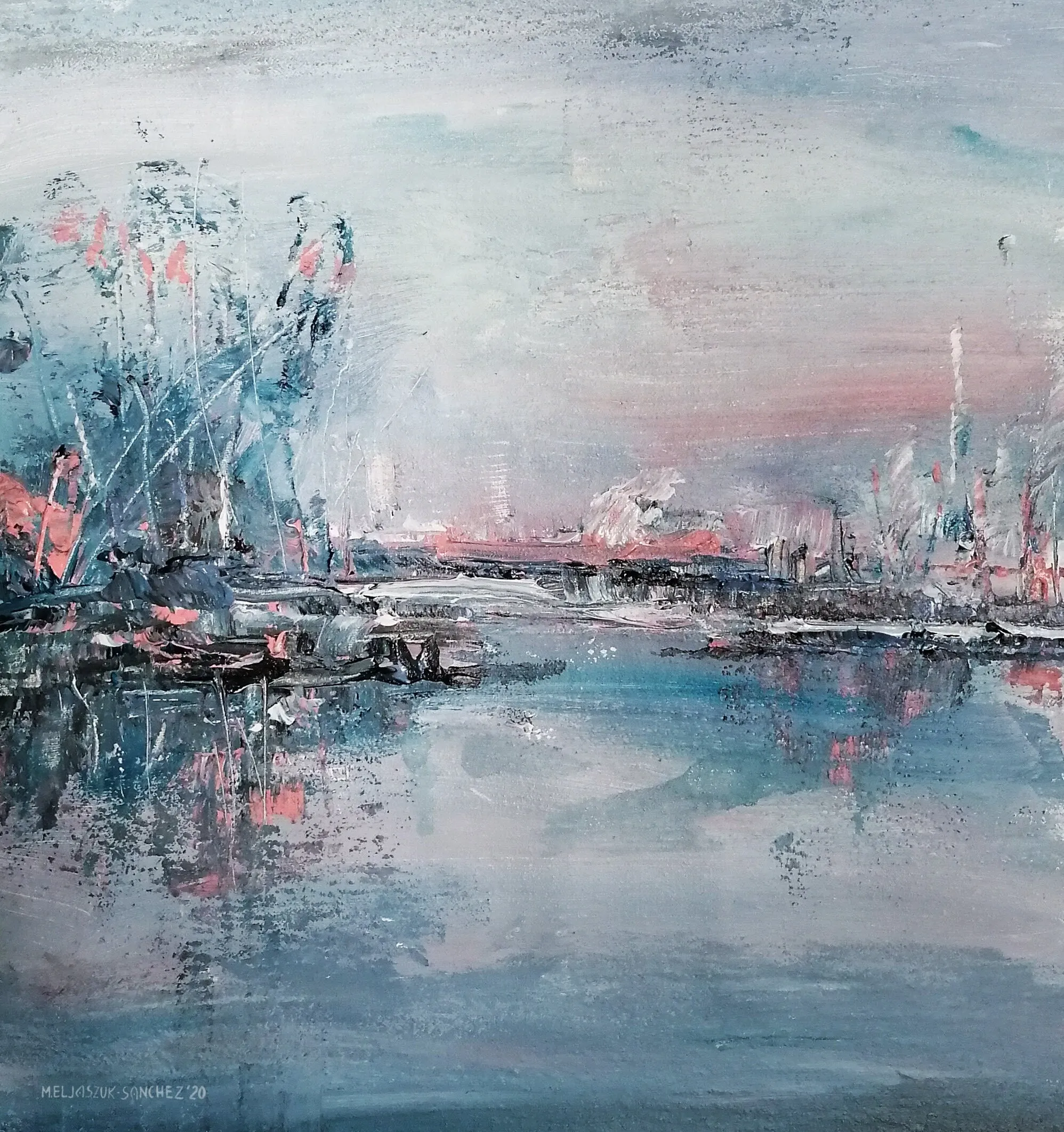 Blue & pink oversized abstract landscape made to order in a custom size